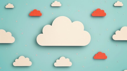 A blue background with a white cloud and red clouds