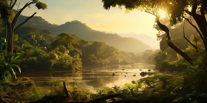 Wild asian jungle forest with lake river background. Adventure nature outdoor explore inspiration scene
