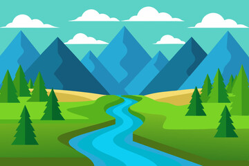 Obraz premium River landscape illustration with a view of green fields, mountains, and trees