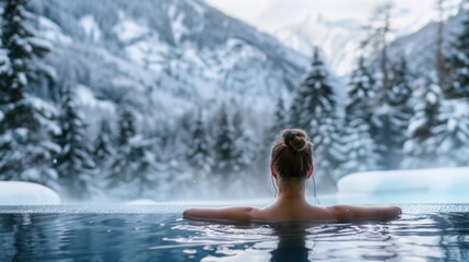 Back view of a female in spa pool with beautiful scenic view