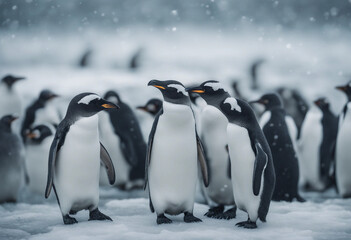 Obraz premium A colony of penguins huddling on the ice, overcast day 