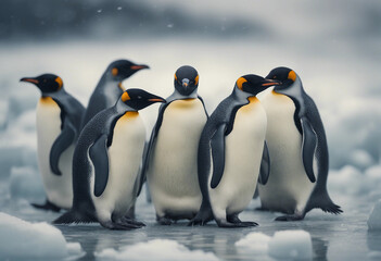 Fototapeta premium A colony of penguins huddling on the ice, overcast day 