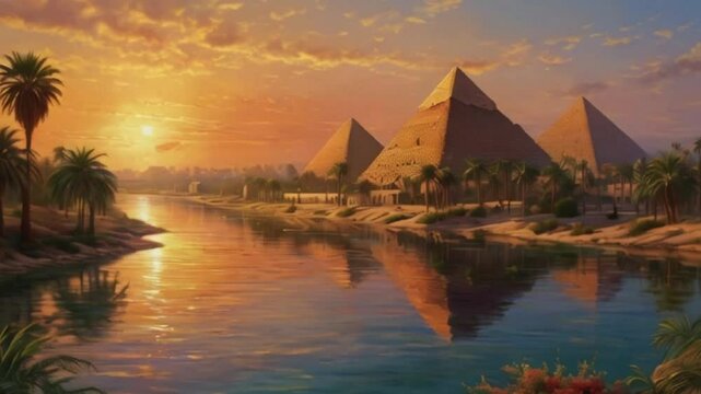 sunset over river with egyptian pyramids