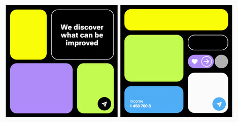 Bento web design. Futuristic simple shapes. Brutalist style. Y2K Geometry elements, square composition for social media. Trendy Web frame set, colorful blocks, grid concept. web layout. Ui template.