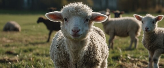 Obraz premium White lamb in field in front of other animals.