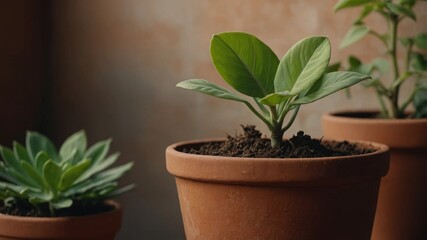 Obraz premium Young plant in a terracotta pot with soft light and copy space.