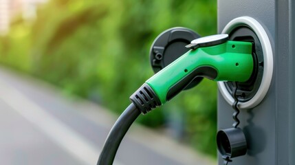 Close-up of a green electric vehicle charging plug connected to a charging station with a blurred background of greenery.
