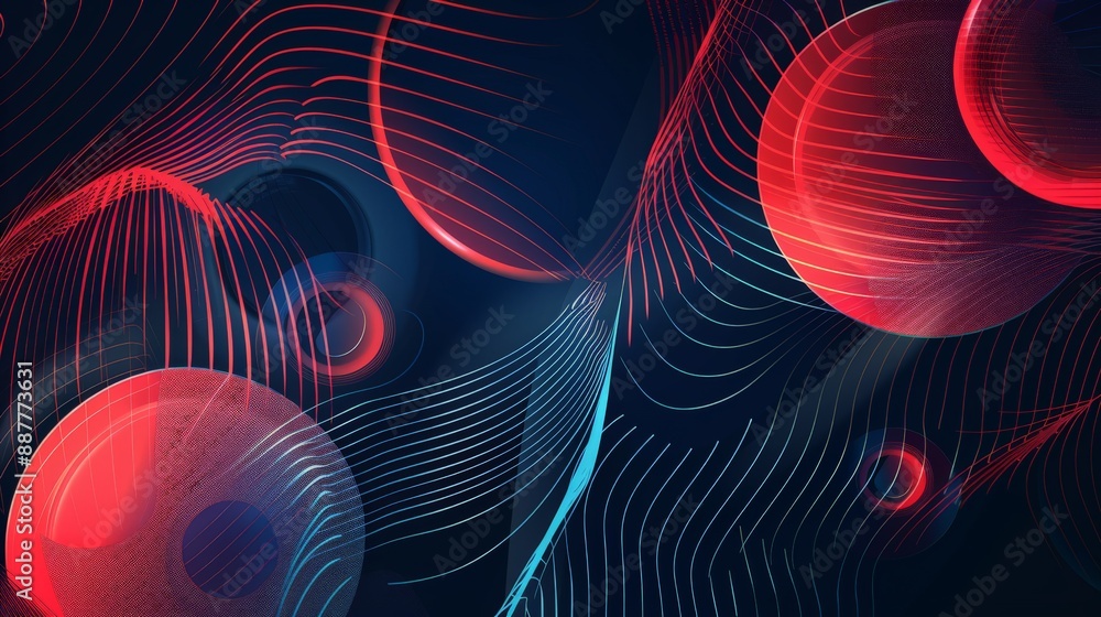 Poster Abstract digital art with red and blue circles and lines on a dark background. Concept of modern design and digital technology.
