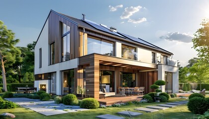 Fototapeta premium A modern house with solar panels on the roof, in front of it is an open garden full of flowers and grass