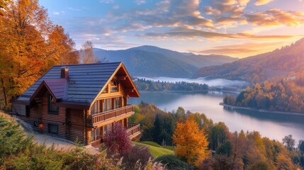 Vacation house with scenic view in Fall with colorful foliage by lake