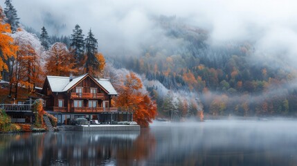 Fototapeta premium Vacation house with scenic view in Fall with colorful foliage by lake