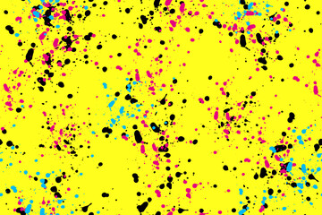 Blots are black, pink, blue on yellow background. Abstract watercolor paint drops. Seamless pattern