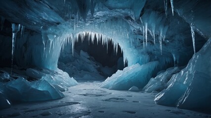 Winter storm Fantasy ice cave Snow walls Ice walls and floor.