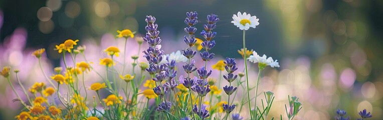 A field of flowers with a mix of yellow and purple flowers
