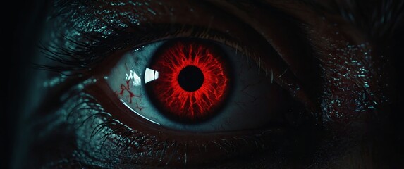 Flaming red eye of a mysterious man Serious expression Evil man in the dark Intense gaze Paranormal glowing eye concept Closeup of glowing evil eyes in the dark Halloween horror concept.