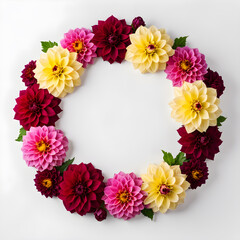 Round frame with dahlia flowers on white background. Flat lay, top view.