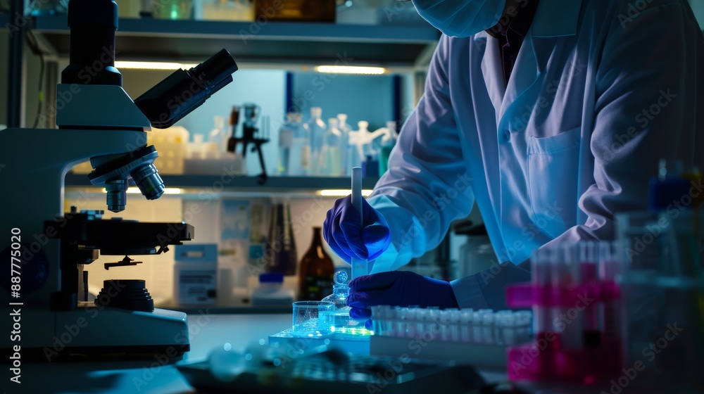 Poster scientist in lab coat and gloves using a pipette to transfer liquid into test tubes during research 