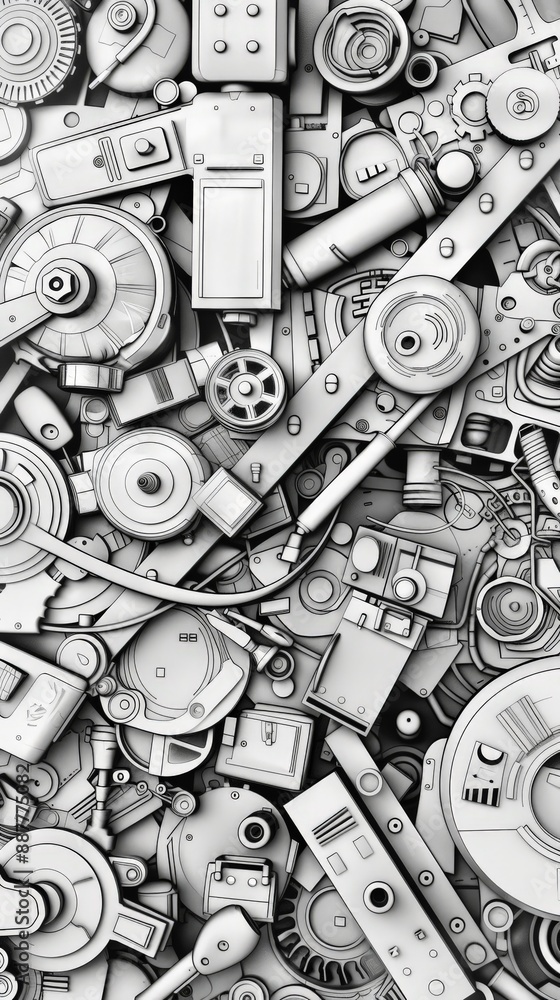 Aufkleber High-angle view of various mechanical parts forming a complex machine. Representation of futuristic technology and robotic innovation.