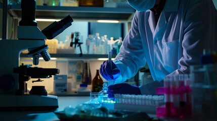 Scientist in lab coat and gloves using a pipette to transfer liquid into test tubes during research in a laboratory