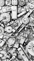 High-angle view of various mechanical parts forming a complex machine. Representation of futuristic technology and robotic innovation.