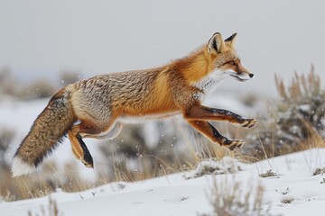 Fototapeta premium Dynamic image of a red fox jumping in the snowy wilderness.