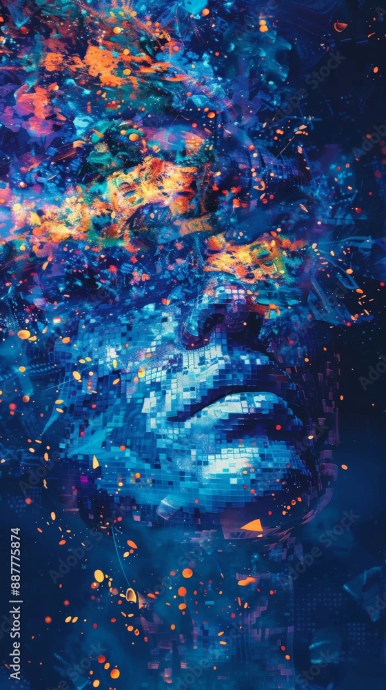 Poster profile of a digital face with vibrant mosaic patterns and glowing particles. symbolizes ai and futu