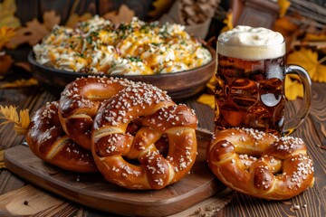 A hearty spread featuring creamy cheese dip, pretzels, and a frothy beer, perfect for a festive occasion.