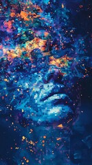 Profile of a digital face with vibrant mosaic patterns and glowing particles. Symbolizes AI and futuristic technology