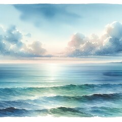 Obraz premium A painting of a cloudy sky with a blue ocean and a sun setting in the background