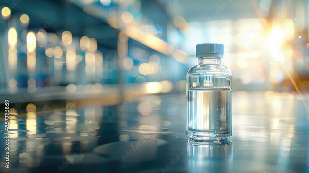 Poster focus on isopropanol bottle in lab with blurred background