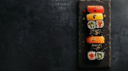 copy space, japanese sushi on stone plate, black background