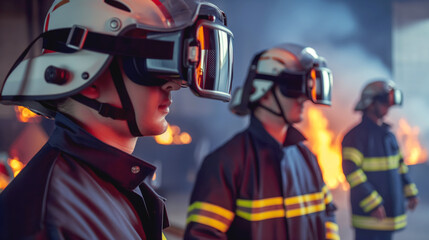 Obraz premium Firefighters wearing helmets and protective gear amidst flames and smoke, actively engaged in a firefighting scenario.
