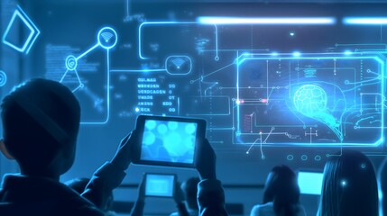 1. "A classroom with interactive AI-driven learning tablets adjusting content based on student responses, showing a dynamic and personalized educational environment