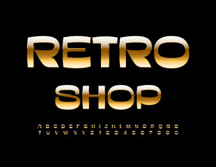 Vector business signboard Retro Shop. Stylish Golden Font. Premium Alphabet Letters and Numbers set.