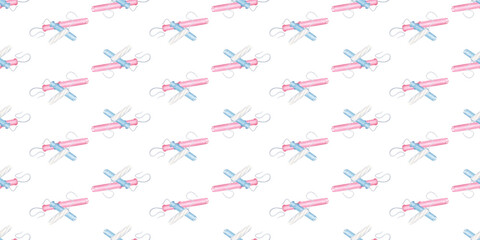 Menstrual period. Seamless pattern, endless background of different feminine hygiene tampons in pink and blue. Insert a cotton swab with a rope, cotton applicator. Feminine hygiene, pms. Watercolor ha