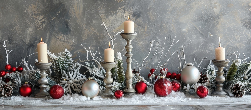 Aufkleber a festive arrangement of candlesticks snow covered branches and christmas ornaments against a gray b