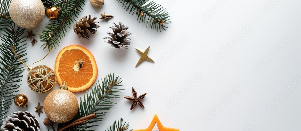 Poster top view image of christmas flat lay decoration with pine star orange glitter ball and nuts on white