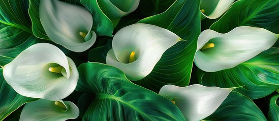 Close up image featuring soft focus on Arum lily leaves creating a lush green backdrop Zantedeschia aethiopica or calla lily part of the Araceae family is showcased. with copy space image