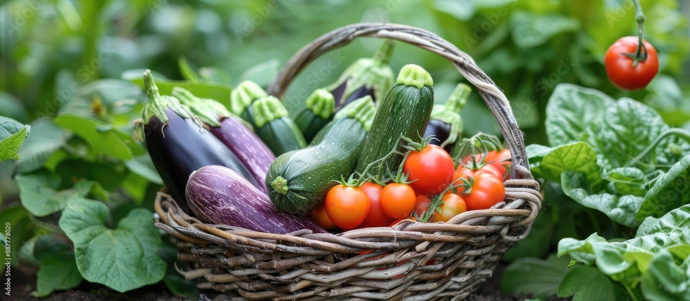 Poster close up view of a wicker basket filled with various vegetables like zucchinis eggplants cucumbers o