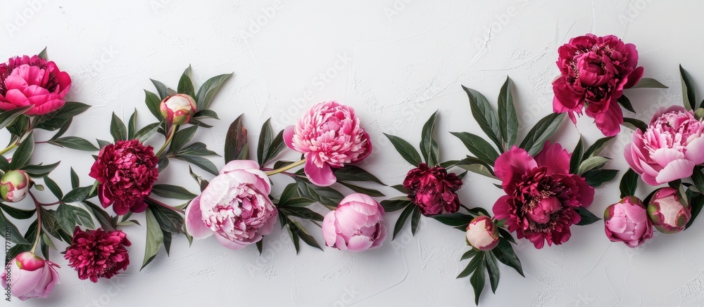 Aufkleber Top view of a horizontal frame with a lovely display of burgundy pink peonies on a white background offering ample copy space image