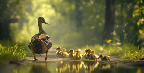 Fototapeta premium Mama duck and the ducklings in the pond.