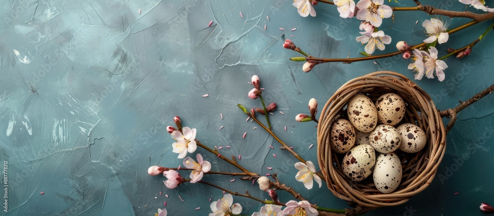 Aufkleber top view of quail eggs in natural hues and delicate blossoms in a basket on an easter themed backgro
