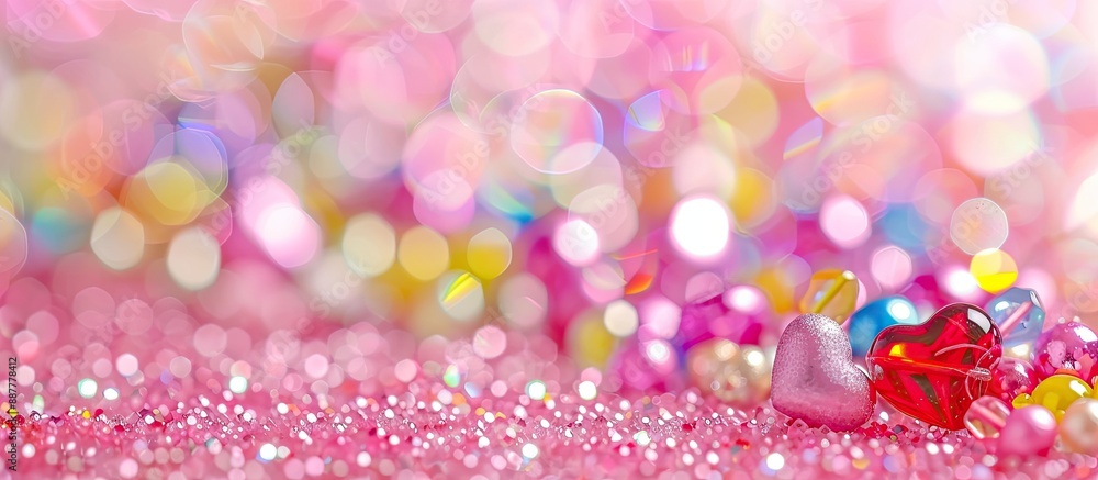 Poster valentine s day greeting with colorful beads in a pinkish setting for copy space image