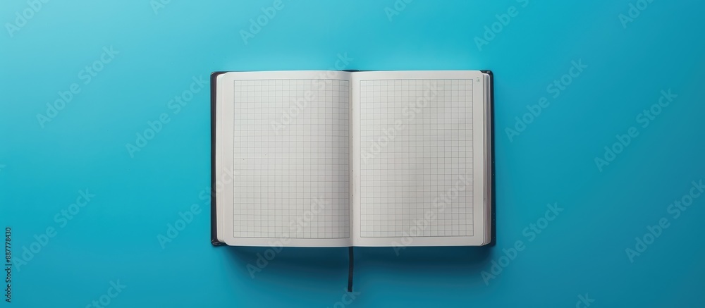 Poster Top view of an open notebook on a blue background with blank pages offering copy space image