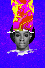 Collage vivid picture of person blowing mind head absurd caricature fantasy imagination inspiration...