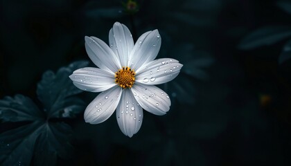 White flower blooms in a dark forest, with water drops on delicate petals. The green backdrop creates a serene atmosphere, showcasing nature's beauty
