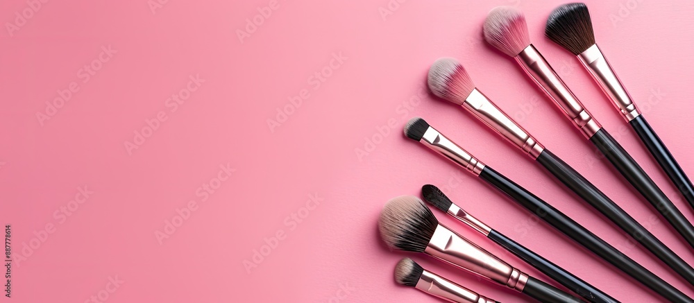 Poster Top view of professional makeup brushes displayed on a pink background with space for additional imagery