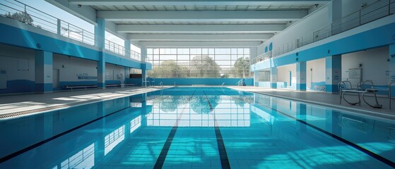 Serene Aquatic Center - Interior View of Immaculate Swimming Pool with Crystal Clear Blue Water and Diving Boards