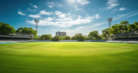 Tranquil Cricket Ground with Pristine Green Pitch and Vacant Stands