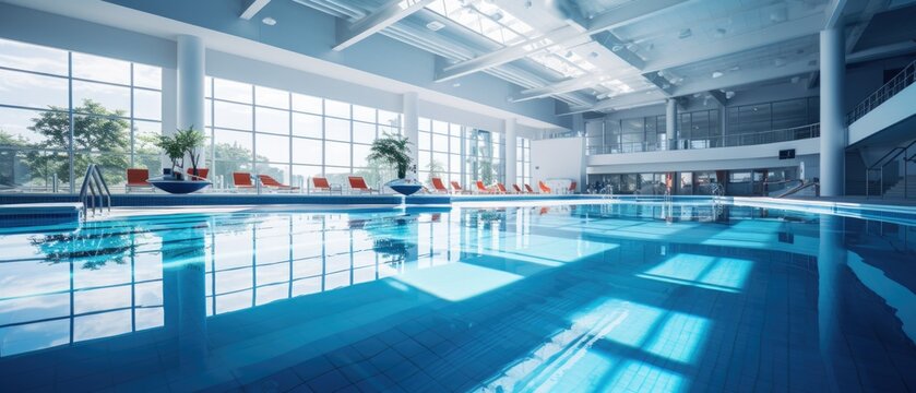 Serene Aquatic Oasis: Pristine Indoor Swimming Pool with Diving Boards and Crystal Clear Blue Water for Recreation and Relaxation